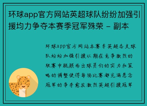 环球app官方网站英超球队纷纷加强引援均力争夺本赛季冠军殊荣 - 副本